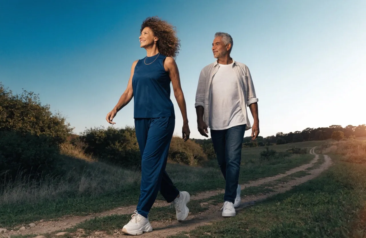 Casal caminhando com liberdade ao ar livre